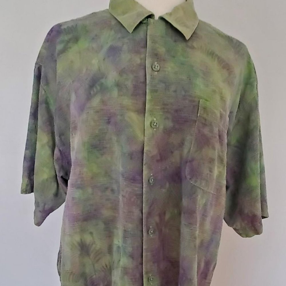 Painted Tommy bahama silk shirt gray blue purple green tropical palm travel dyed